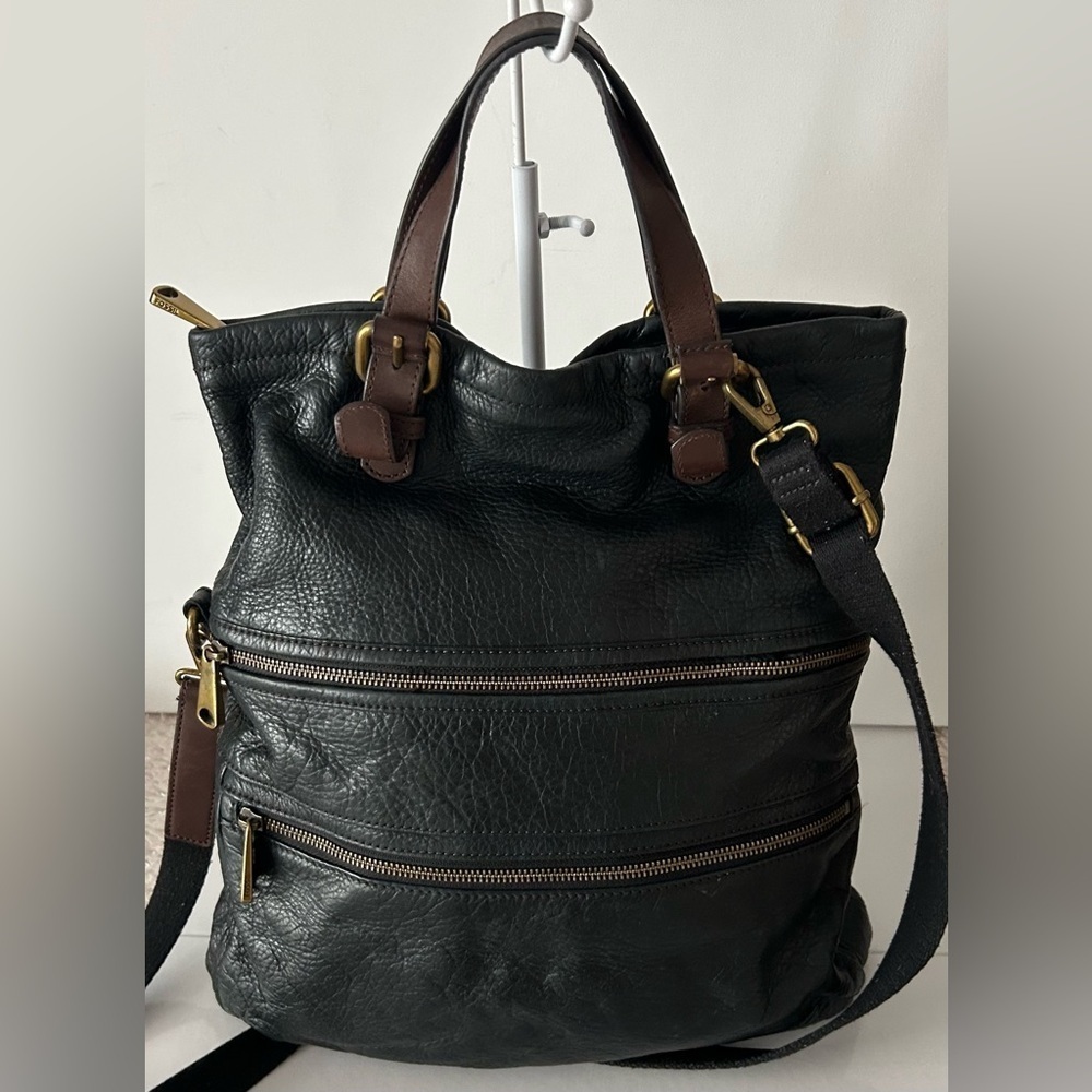 Fossil Black Leather Convertible Tote Crossbody Bag Large Work Travel Purse - Picture 4 of 11